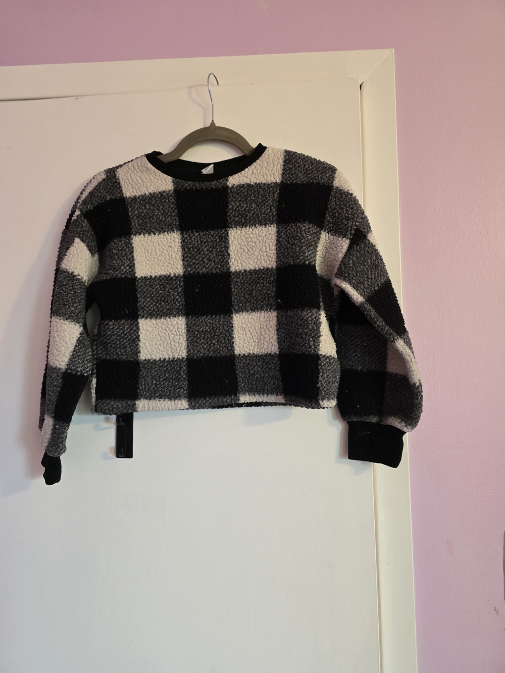 Old Navy Black and White Buffalo Plaid Sherpa Crewneck